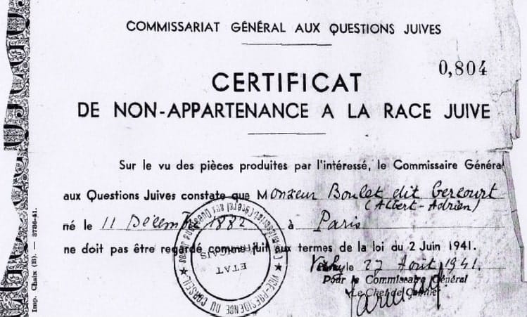 s4.pa4 .005 certif non appartenance race juive 1941 min MRJ MOI