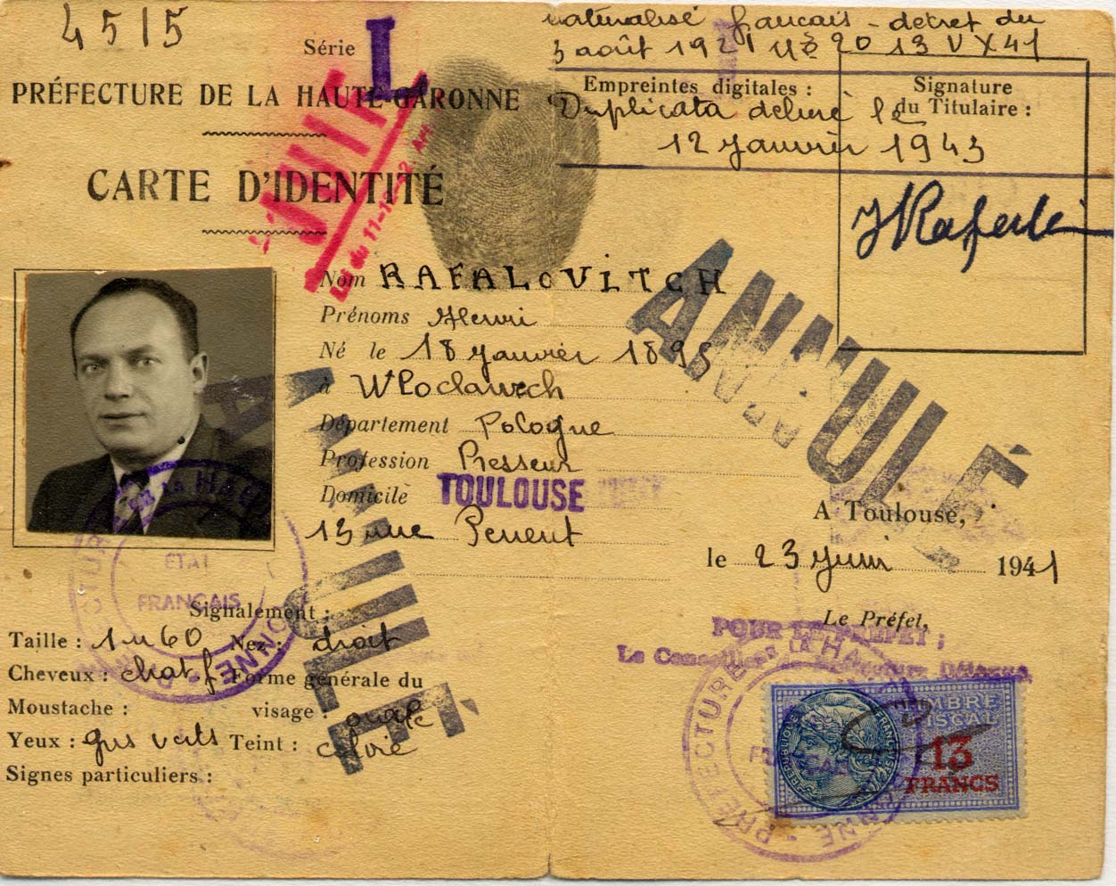 s4.pa4 .009 carte juif rafalovitch juin 1941 min MRJ MOI